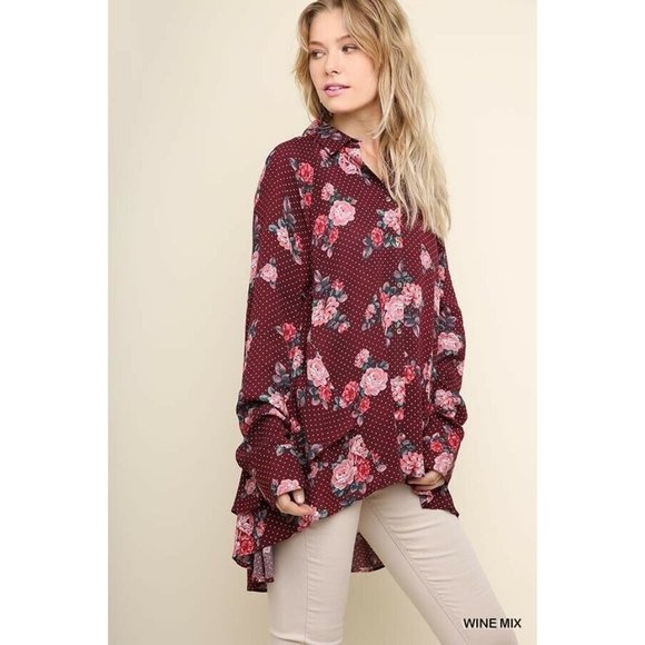 Umgee Womens Wine Floral High Low Hem Button Up Long Sleeve Tunic Blouse Size S - Picture 2 of 8